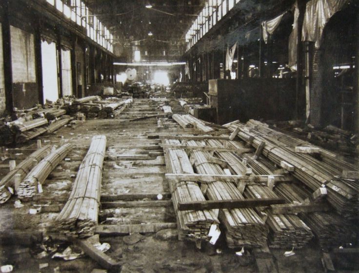 View of steel storage area looking towards shearing machines.